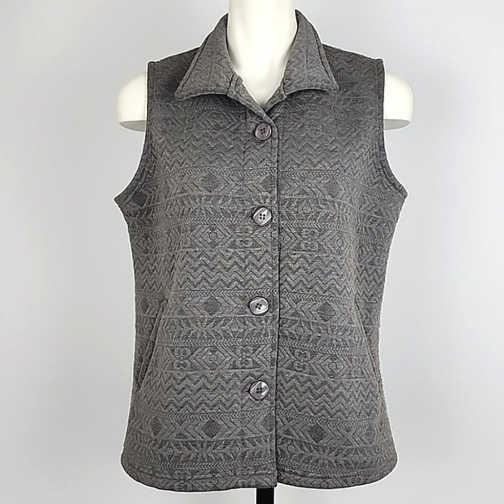 Fiori Women's Button Up Quilted Fleece Lined Grey Collared Vest Pockets Size M